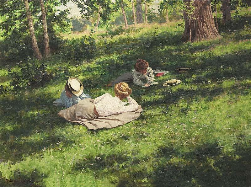 johan krouthen Three reading women in a summer landscape